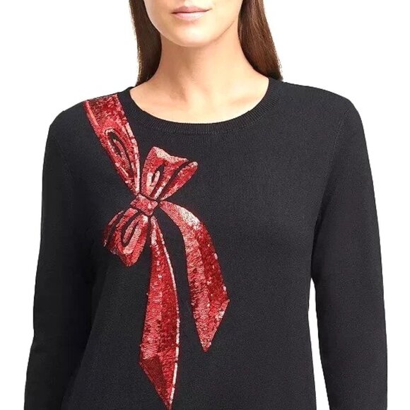 DKNY Very Soft Black Crewneck Sweater w/Red Sequin Bow Medium NEW - Picture 4 of 4